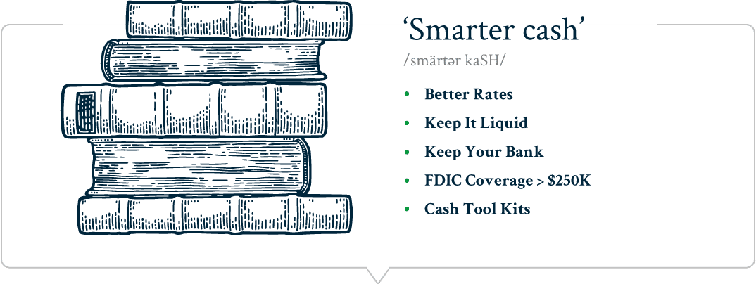 Image of stack of books with text. Smarter Cash. Better Rates, Keep it liquid, Keep your bank, FDIC Coverage over $250K, Cash Tool Kits